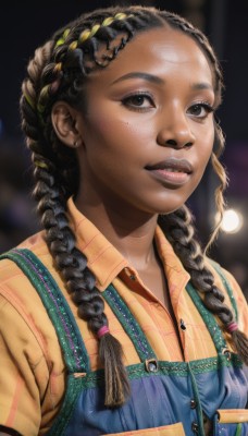 1girl,solo,long hair,looking at viewer,shirt,black hair,brown eyes,jewelry,upper body,braid,short sleeves,earrings,parted lips,teeth,collared shirt,dark skin,blurry,black eyes,twin braids,dark-skinned female,lips,eyelashes,buttons,depth of field,blurry background,forehead,freckles,yellow shirt,realistic,nose,overalls,very dark skin,blue overalls,multiple braids,smile,hair ornament,multicolored hair,artist name,streaked hair,makeup,watermark,denim,hair over shoulder,pocket,stud earrings,brown shirt,dreadlocks