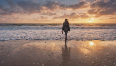 1girl, solo, long hair, long sleeves, holding, standing, outdoors, sky, cloud, water, bag, from behind, shadow, ocean, beach, backpack, cloudy sky, scenery, walking, sunset, sand, horizon, facing away, waves, footprints