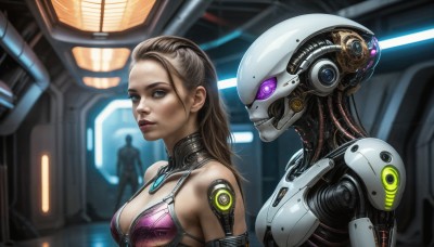 HQ,1girl,long hair,breasts,blue eyes,multiple girls,brown hair,2girls,cleavage,medium breasts,swimsuit,upper body,bikini,lips,grey eyes,glowing,robot,mecha,science fiction,realistic,android,cyborg,cyberpunk,looking at viewer,purple eyes,indoors,blurry,from side,glowing eyes,machinery,nose,joints,cable,dirty,hair pulled back,robot joints