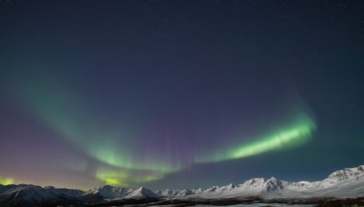 outdoors,sky,tree,no humans,night,star (sky),nature,night sky,scenery,snow,starry sky,mountain,landscape,aurora,star (symbol),shooting star