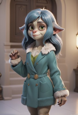 1girl,solo,long hair,looking at viewer,smile,animal ears,closed mouth,green eyes,blue hair,standing,artist name,indoors,signature,coat,fur trim,buttons,furry,stairs,furry female,body fur,animal nose,blue coat,bangs,long sleeves,pointy ears,belt,cat ears,hand up,blurry,flat chest,lips,fingernails,blurry background,thick eyebrows,realistic,lamp,fur-trimmed sleeves,fur-trimmed coat,green coat