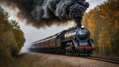 outdoors,sky,day,cloud,tree,military,no humans,grass,fire,ground vehicle,nature,motor vehicle,forest,smoke,military vehicle,road,explosion,tank,vehicle focus,caterpillar tracks,train