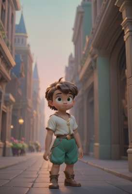 solo,looking at viewer,short hair,brown hair,shirt,1boy,brown eyes,standing,full body,white shirt,short sleeves,male focus,boots,outdoors,shorts,day,belt,dark skin,blurry,blurry background,brown footwear,dark-skinned male,building,child,city,road,male child,lamppost,green shorts,street,smile,shoes,plant,town