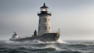 outdoors,sky,cloud,water,military,no humans,ocean,scenery,turret,flag,watercraft,ship,waves,tower,smokestack,grey sky,warship,mountain,anchor,fog