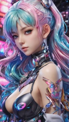 1girl,solo,long hair,breasts,looking at viewer,bangs,blue eyes,large breasts,hair ornament,cleavage,bare shoulders,jewelry,medium breasts,blue hair,upper body,ponytail,pink hair,multicolored hair,earrings,parted lips,blurry,two-tone hair,lips,grey eyes,aqua hair,gradient hair,makeup,blurry background,chain,gem,realistic,nose,mascara,closed mouth,choker,artist name,from side,eyelashes,watermark,facial mark,expressionless,web address