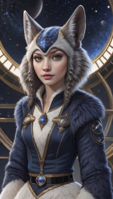 1girl,solo,long hair,breasts,looking at viewer,smile,brown hair,long sleeves,dress,animal ears,brown eyes,jewelry,closed mouth,upper body,braid,belt,artist name,signature,hood,twin braids,lips,coat,fur trim,makeup,lipstick,brooch,gem,star (sky),eyeshadow,starry sky,animal hood,realistic,nose,winter clothes,red lips,space,fur,blue gemstone,red gemstone,medium breasts,jacket,wolf ears