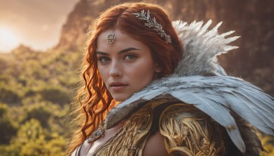 1girl,solo,long hair,looking at viewer,blue eyes,brown hair,hair ornament,jewelry,upper body,braid,red hair,outdoors,parted lips,orange hair,armor,blurry,tree,lips,grey eyes,depth of field,blurry background,wavy hair,feathers,shoulder armor,gem,portrait,nature,pauldrons,circlet,realistic,nose,forehead jewel,breasts,cleavage,earrings,necklace,from side,fur trim,tiara