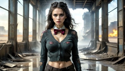 HQ,1girl,solo,long hair,breasts,looking at viewer,large breasts,black hair,bow,navel,cleavage,brown eyes,parted lips,midriff,bowtie,lips,torn clothes,detached collar,building,messy hair,realistic,ruins,torn shirt,dirty,dirty face,blue eyes,underwear,bra,watermark,injury,damaged