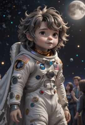 1girl,looking at viewer,short hair,multiple girls,brown hair,long sleeves,brown eyes,standing,cowboy shot,parted lips,multiple boys,solo focus,3girls,blurry,lips,depth of field,blurry background,moon,messy hair,child,full moon,freckles,realistic,female child,space,planet,american flag,spacesuit,japanese flag,astronaut,cape,night,star (sky),nose,emblem,badge,dirty,button badge,dirty face