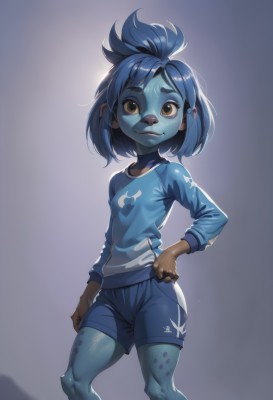 1girl,solo,breasts,looking at viewer,smile,short hair,simple background,shirt,long sleeves,brown eyes,closed mouth,blue hair,standing,small breasts,shorts,shiny,artist name,medium hair,flat chest,hand on hip,short shorts,colored skin,thick eyebrows,blue shirt,furry,blue shorts,blue skin,furry female,female child,print shirt,multicolored skin,lips,monster girl