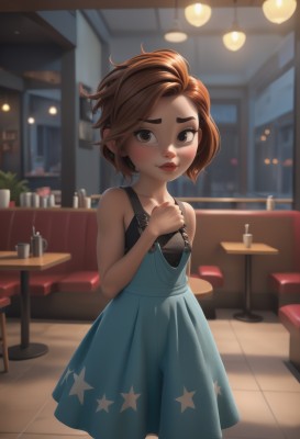 1girl,solo,looking at viewer,blush,short hair,brown hair,dress,bare shoulders,brown eyes,standing,collarbone,parted lips,sleeveless,indoors,star (symbol),blurry,flat chest,cup,lips,see-through,bare arms,loli,makeup,sleeveless dress,blurry background,blue dress,table,hand on own chest,child,drinking glass,freckles,red lips,female child,star print,aged down,cafe