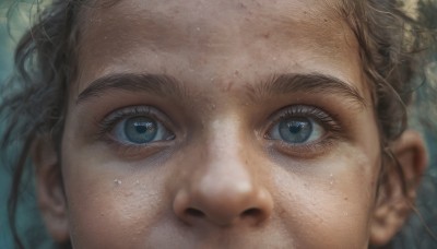 1girl,solo,looking at viewer,blue eyes,brown hair,mole,blurry,eyelashes,portrait,close-up,freckles,reflection,realistic,eye focus,lips