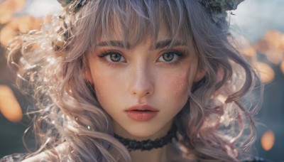 1girl,solo,long hair,looking at viewer,bangs,brown eyes,grey hair,parted lips,choker,artist name,blurry,lips,eyelashes,depth of field,blurry background,portrait,close-up,freckles,realistic,nose,red lips,brown hair,blue hair,multicolored hair,water,hair bun,double bun,makeup,black choker,lipstick