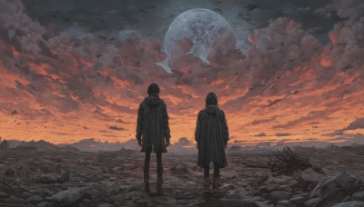 short hair,multiple girls,black hair,long sleeves,1boy,2girls,standing,jacket,outdoors,sky,pants,cloud,hood,from behind,coat,bird,moon,hood down,cloudy sky,scenery,full moon,sunset,arms at sides,facing away,ruins,red sky,1girl,shoes,horizon,wide shot