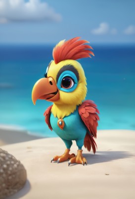 solo,looking at viewer,open mouth,brown eyes,jewelry,closed mouth,standing,full body,outdoors,wings,sky,day,cloud,water,necklace,blurry,black eyes,blue sky,pokemon (creature),no humans,blurry background,bird,ocean,beach,feathers,claws,sand,horizon,animal focus,talons,beak,gem,feathered wings,furry,chicken