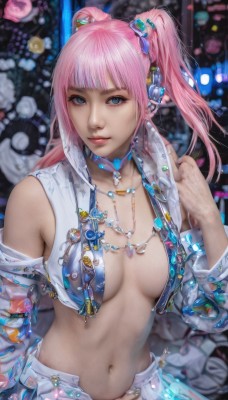 1girl,solo,long hair,breasts,looking at viewer,bangs,blue eyes,hair ornament,navel,cleavage,bare shoulders,twintails,jewelry,medium breasts,jacket,upper body,pink hair,detached sleeves,open clothes,choker,midriff,necklace,stomach,blurry,vest,lips,no bra,makeup,blurry background,headphones,realistic,artist name,nail polish,watermark,blue nails,cropped jacket