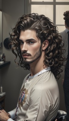 long hair,looking at viewer,blue eyes,brown hair,shirt,black hair,long sleeves,1boy,holding,closed mouth,white shirt,upper body,male focus,multiple boys,solo focus,indoors,2boys,medium hair,from side,sweater,lips,window,facial hair,wavy hair,chair,messy hair,beard,curly hair,mirror,realistic,mustache,solo,looking to the side,formal,suit,stubble,stethoscope