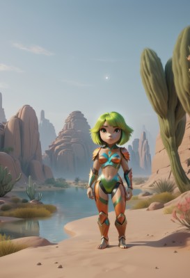 1girl,solo,breasts,smile,short hair,bangs,blue eyes,navel,standing,full body,boots,outdoors,green hair,sky,day,midriff,water,armor,tree,grass,rock,sun,greaves,bikini armor,leg armor,green eyes,small breasts,child,borrowed character