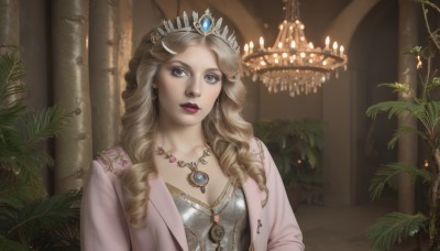 1girl,solo,long hair,breasts,looking at viewer,blue eyes,blonde hair,dress,cleavage,jewelry,collarbone,jacket,upper body,earrings,parted lips,indoors,necklace,lips,looking to the side,grey eyes,makeup,drill hair,tiara,crown,plant,lipstick,gem,curly hair,realistic,red lips,pink jacket,ringlets,chandelier,small breasts