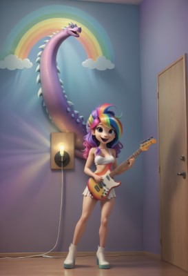 1girl,solo,long hair,breasts,looking at viewer,smile,open mouth,skirt,hair ornament,holding,cleavage,bare shoulders,medium breasts,standing,full body,pink hair,purple hair,:d,multicolored hair,pleated skirt,boots,shoes,teeth,indoors,black eyes,streaked hair,crop top,white footwear,instrument,microphone,personification,door,dragon,music,guitar,playing instrument,rainbow,holding instrument,electric guitar,speaker,rainbow hair,blue eyes,blonde hair,blue hair,tail,flower,midriff,cloud,hair flower,miniskirt,tank top,candle,lizard