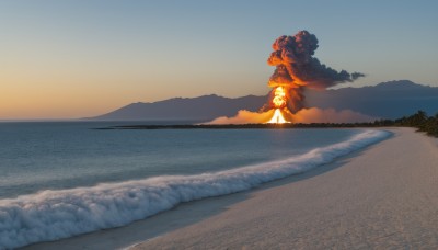 solo,holding,outdoors,sky,cloud,water,tree,no humans,ocean,beach,fire,scenery,1other,sunset,lantern,mountain,sand,horizon,landscape,ambiguous gender,lake,desert,holding lantern,nature,road,shore