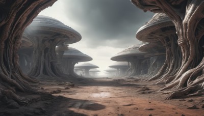 outdoors,sky,day,cloud,tree,no humans,cloudy sky,scenery,science fiction,fantasy,sand,ruins,fog,desert,rock,realistic,mushroom,landscape