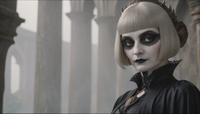 1girl,solo,looking at viewer,smile,short hair,bangs,blonde hair,dress,brown eyes,jewelry,closed mouth,upper body,blunt bangs,blurry,black dress,lips,eyelashes,makeup,blurry background,colored skin,bob cut,lipstick,pale skin,portrait,red lips,grey skin,pillar,gothic,black lips,hairband,mask,high collar