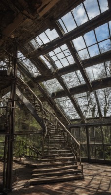 outdoors,sky,day,cloud,indoors,tree,blue sky,dutch angle,no humans,window,sunlight,cloudy sky,plant,building,scenery,stairs,railing,ruins,bare tree,railroad tracks,signature,overgrown