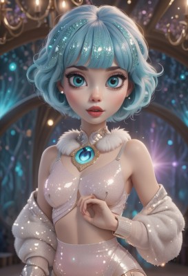 1girl,solo,breasts,looking at viewer,blush,short hair,bangs,blue eyes,hair ornament,long sleeves,bare shoulders,jewelry,underwear,blue hair,upper body,earrings,small breasts,parted lips,teeth,shiny,artist name,indoors,necklace,off shoulder,bra,blurry,aqua eyes,lips,fingernails,see-through,fur trim,eyelashes,aqua hair,makeup,depth of field,blurry background,watermark,lipstick,brooch,gem,web address,eyeshadow,freckles,white bra,fur collar,nose,red lips,mascara,blunt bangs,realistic