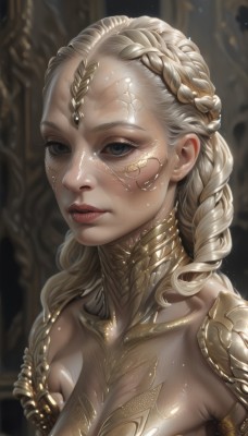 1girl,solo,long hair,breasts,looking at viewer,blue eyes,blonde hair,cleavage,medium breasts,upper body,braid,parted lips,shiny,artist name,armor,blurry,lips,shiny skin,grey eyes,eyelashes,blurry background,facial mark,portrait,french braid,curly hair,gold trim,circlet,realistic,nose,gold,mascara,cracked skin,gorget,large breasts,closed mouth,collarbone,makeup,shoulder armor,red lips