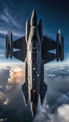 sky,day,cloud,signature,military,no humans,ocean,flying,science fiction,realistic,aircraft,military vehicle,airplane,vehicle focus,contrail,jet,cockpit,fighter jet,pilot,cloudy sky,space,planet,spacecraft,missile,above clouds