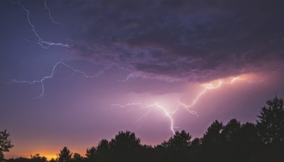 outdoors,sky,cloud,tree,no humans,cloudy sky,nature,scenery,forest,sunset,electricity,lightning,gradient sky,purple sky,twilight,evening