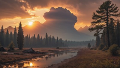 outdoors,sky,cloud,water,tree,no humans,sunlight,cloudy sky,grass,fire,nature,scenery,forest,reflection,sunset,rock,mountain,sun,river,landscape,lake,orange sky,campfire,mountainous horizon,pine tree