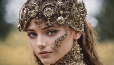 1girl,solo,long hair,looking at viewer,brown hair,jewelry,closed mouth,earrings,blurry,lips,grey eyes,eyelashes,depth of field,blurry background,portrait,realistic,nose,brown eyes,expressionless,helmet,gem,close-up,headpiece,headdress,gold