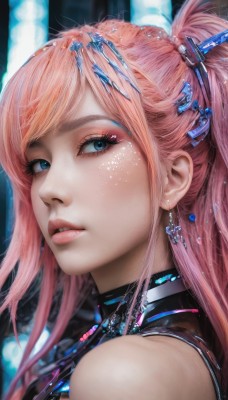 1girl,solo,long hair,looking at viewer,bangs,blue eyes,hair ornament,bare shoulders,jewelry,ponytail,pink hair,earrings,parted lips,shiny,blurry,lips,eyelashes,makeup,lipstick,gem,portrait,close-up,eyeshadow,crystal,realistic,nose,eyeliner,mascara,necklace,orange hair,from side