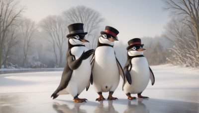 hat,standing,outdoors,day,black eyes,tree,no humans,black headwear,bird,animal,nature,snow,reflection,top hat,animal focus,winter,bare tree,penguin,flock,scenery,reflective floor