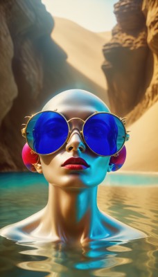 solo,1boy,jewelry,male focus,earrings,outdoors,day,artist name,water,lips,no humans,makeup,colored skin,watermark,sunglasses,lipstick,web address,partially submerged,reflection,rock,realistic,nose,round eyewear,sand,blue skin,red lips,tinted eyewear,desert,blue-tinted eyewear,1girl,hair bun,piercing