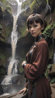 1girl,solo,breasts,looking at viewer,short hair,bangs,brown hair,black hair,long sleeves,dress,brown eyes,jewelry,medium breasts,closed mouth,standing,weapon,cowboy shot,outdoors,day,belt,sword,blunt bangs,water,black eyes,from side,tree,lips,nature,realistic,nose,waterfall,earrings,signature,chinese clothes,robe,rock