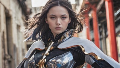 1girl,solo,long hair,looking at viewer,brown hair,black hair,brown eyes,closed mouth,upper body,outdoors,medium hair,cape,armor,blurry,black eyes,lips,floating hair,depth of field,blurry background,wind,realistic,nose,torii,white cape,expressionless,forehead,serious