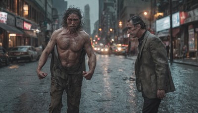 short hair,shirt,black hair,long sleeves,standing,jacket,male focus,outdoors,multiple boys,open clothes,necktie,pants,2boys,blurry,looking at another,black jacket,muscular,night,depth of field,blurry background,facial hair,scar,black pants,formal,abs,suit,ground vehicle,building,motor vehicle,beard,clenched hands,walking,rain,topless male,city,realistic,mustache,car,road,chest hair,street,navel,closed mouth,nipples,glasses,messy hair,grey jacket,photo background,arm hair