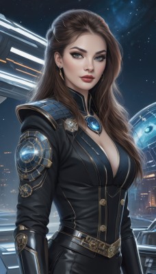 1girl,solo,long hair,breasts,looking at viewer,blue eyes,brown hair,long sleeves,cleavage,jewelry,medium breasts,closed mouth,upper body,earrings,sky,belt,artist name,armor,uniform,lips,bodysuit,makeup,night,lipstick,brooch,gem,star (sky),night sky,starry sky,science fiction,nose,red lips,eyeliner,space,large breasts,signature,necklace,mole,grey eyes,forehead,eyeshadow,realistic,black bodysuit