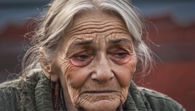 solo,blue eyes,1boy,jewelry,closed mouth,white hair,grey hair,male focus,earrings,blurry,looking to the side,grey eyes,blurry background,facial hair,scar,looking away,portrait,realistic,old,old man,old woman,wrinkled skin,looking at viewer,artist name,signature,frown,half-closed eyes,messy hair