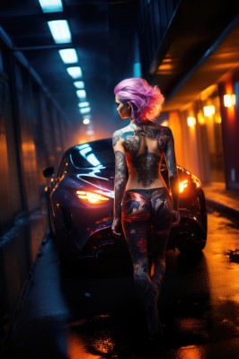 1girl,solo,breasts,short hair,jewelry,underwear,standing,panties,pink hair,purple hair,ass,multicolored hair,earrings,looking back,pants,dark skin,from behind,blurry,bracelet,dark-skinned female,tattoo,makeup,night,depth of field,back,topless,ground vehicle,motor vehicle,walking,thong,city,car,road,arm tattoo,street,back tattoo,full-body tattoo,gloves,full body,closed eyes,fingerless gloves,high heels,lips,black panties,lipstick,hoop earrings,nose,neon lights