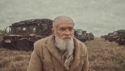 solo,looking at viewer,shirt,1boy,jacket,upper body,white hair,male focus,outdoors,necktie,sky,day,collared shirt,cloud,tree,coat,military,facial hair,cloudy sky,grass,ground vehicle,motor vehicle,beard,brown jacket,realistic,mustache,military vehicle,car,manly,old,old man,grey sky,truck,closed mouth,grey hair,signature,house,brown coat,power lines,wrinkled skin