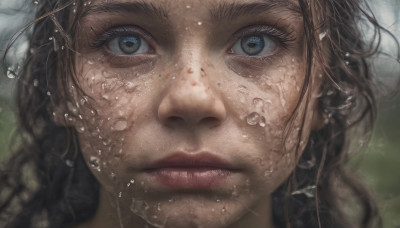 1girl, solo, long hair, looking at viewer, blue eyes, brown hair, closed mouth, water, blurry, lips, eyelashes, portrait, close-up, freckles, underwater, realistic, nose