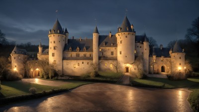 HQ,outdoors,sky,cloud,water,tree,no humans,night,grass,building,nature,night sky,scenery,forest,mountain,road,house,bridge,lamppost,river,castle,tower,lake,path,plant,reflection,fantasy,bush,pond