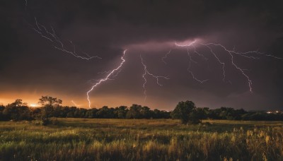 outdoors,sky,cloud,tree,no humans,cloudy sky,grass,nature,scenery,forest,sunset,electricity,field,lightning,landscape,night,dark