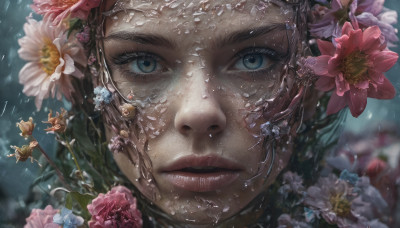 1girl, solo, looking at viewer, blue eyes, brown hair, hair ornament, flower, parted lips, hair flower, water, blurry, lips, eyelashes, portrait, close-up, pink flower, freckles, water drop, realistic, nose