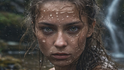 1girl, solo, long hair, looking at viewer, brown hair, brown eyes, closed mouth, blurry, lips, wet, eyelashes, blurry background, messy hair, portrait, close-up, realistic, nose, wet hair