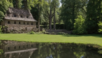 outdoors,sky,day,water,tree,no humans,window,sunlight,grass,building,nature,scenery,forest,reflection,road,bush,house,river,flower,signature,rock,ruins,reflective water